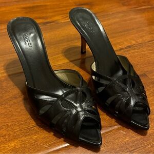 Gucci Black Leather Cutout Mule Sandals